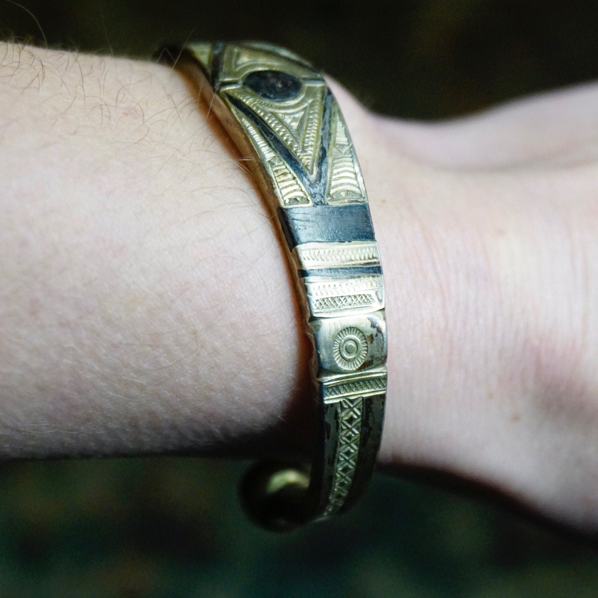 Vintage Tuareg Cuff Bangle, Ornate Silver And Ebony Cuff Bracelet, Solid Metal Cuff With Intricate Etchings, Tribal/Ethnic Jewelry