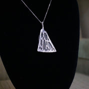 Vintage Sterling Silver Pendant Necklace, Artisan Wire Wrapped Glass Shard Pendant, Silver Box Chain Necklace With Abstract Silver Pendant