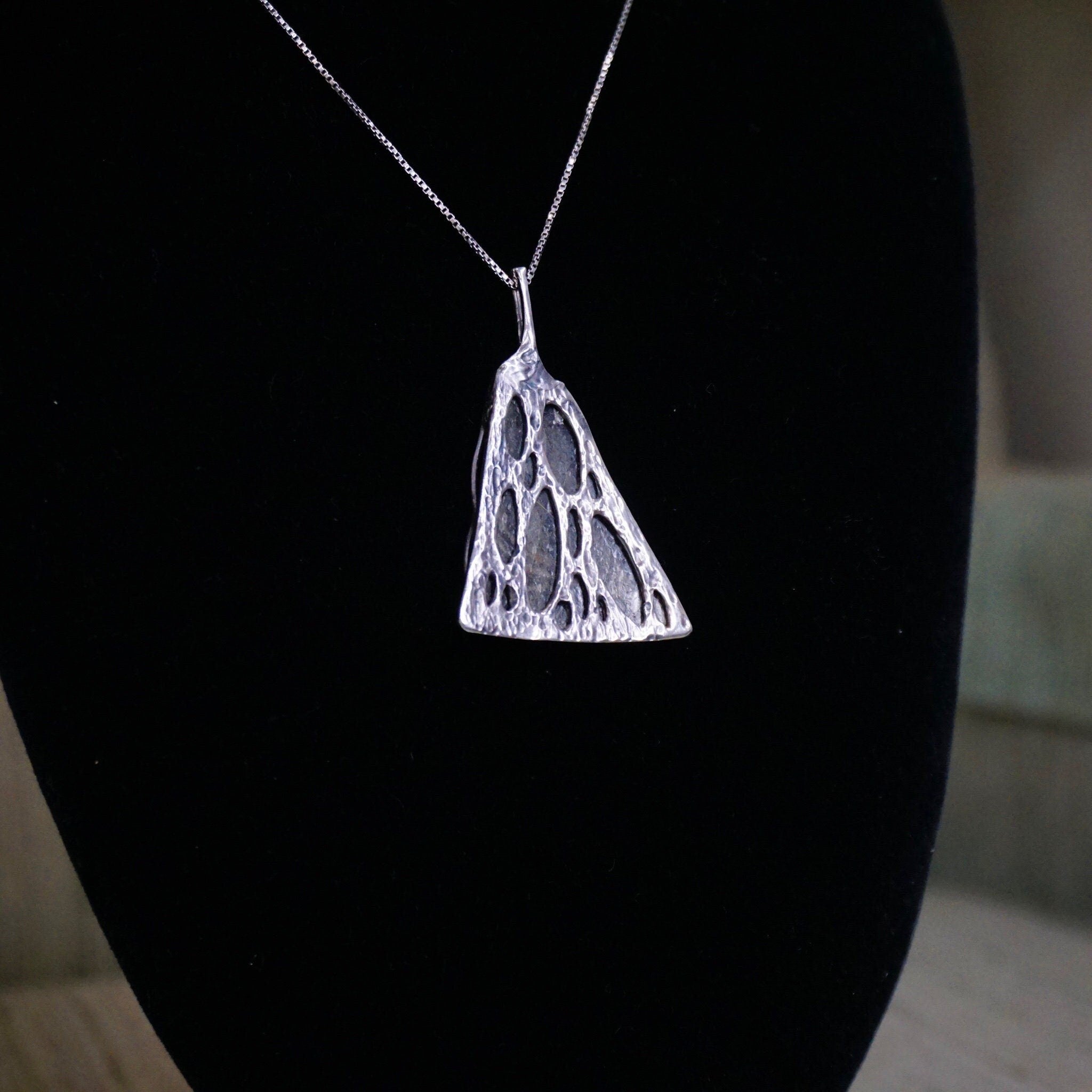 Vintage Sterling Silver Pendant Necklace, Artisan Wire Wrapped Glass Shard Pendant, Silver Box Chain Necklace With Abstract Silver Pendant