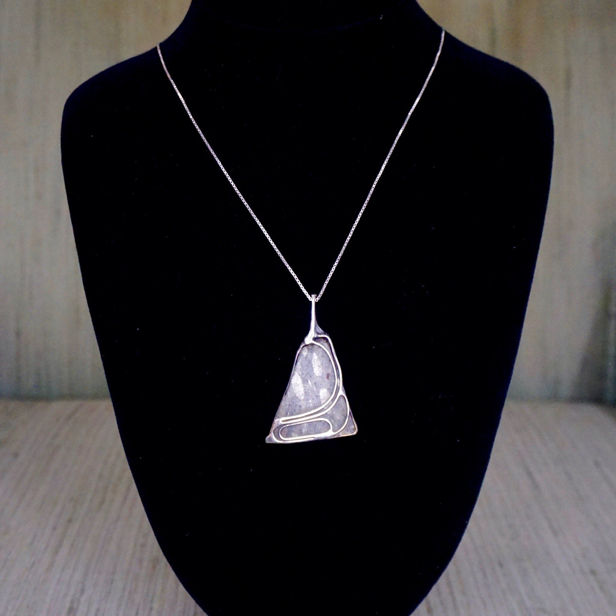 Vintage Sterling Silver Pendant Necklace, Artisan Wire Wrapped Glass Shard Pendant, Silver Box Chain Necklace With Abstract Silver Pendant