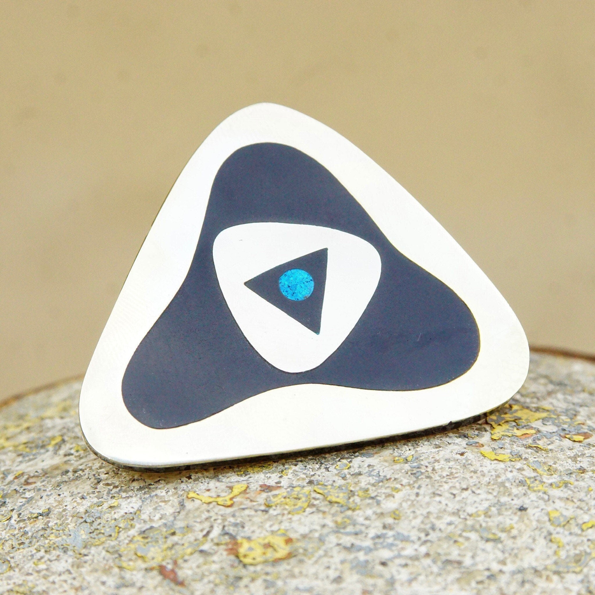 Vintage Sterling Silver Stone Inlay Brooch, Modernist, Gold Tone Silver, Black Onyx & Mosaic Turquoise, Hecho En Mexico, 2 1/8