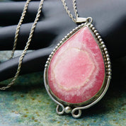 Vintage Sterling Silver & Pink Rhodochrosite Teardrop Pendant Necklace Earring Set, Dangle Clip On Earrings, Danish Modernist, Peter Ernst