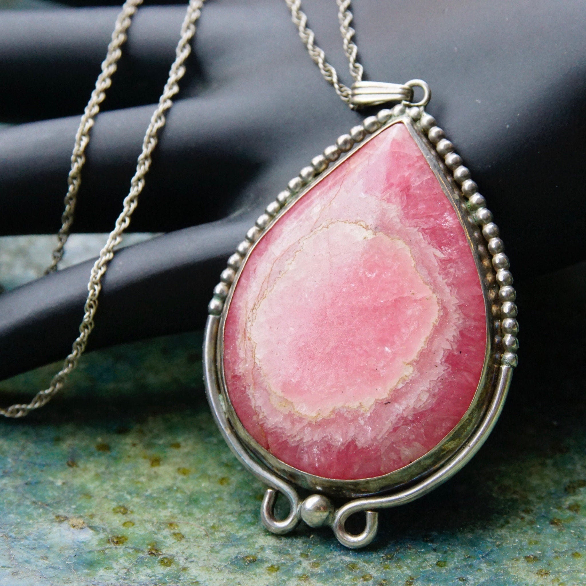 Vintage Sterling Silver & Pink Rhodochrosite Teardrop Pendant Necklace Earring Set, Dangle Clip On Earrings, Danish Modernist, Peter Ernst