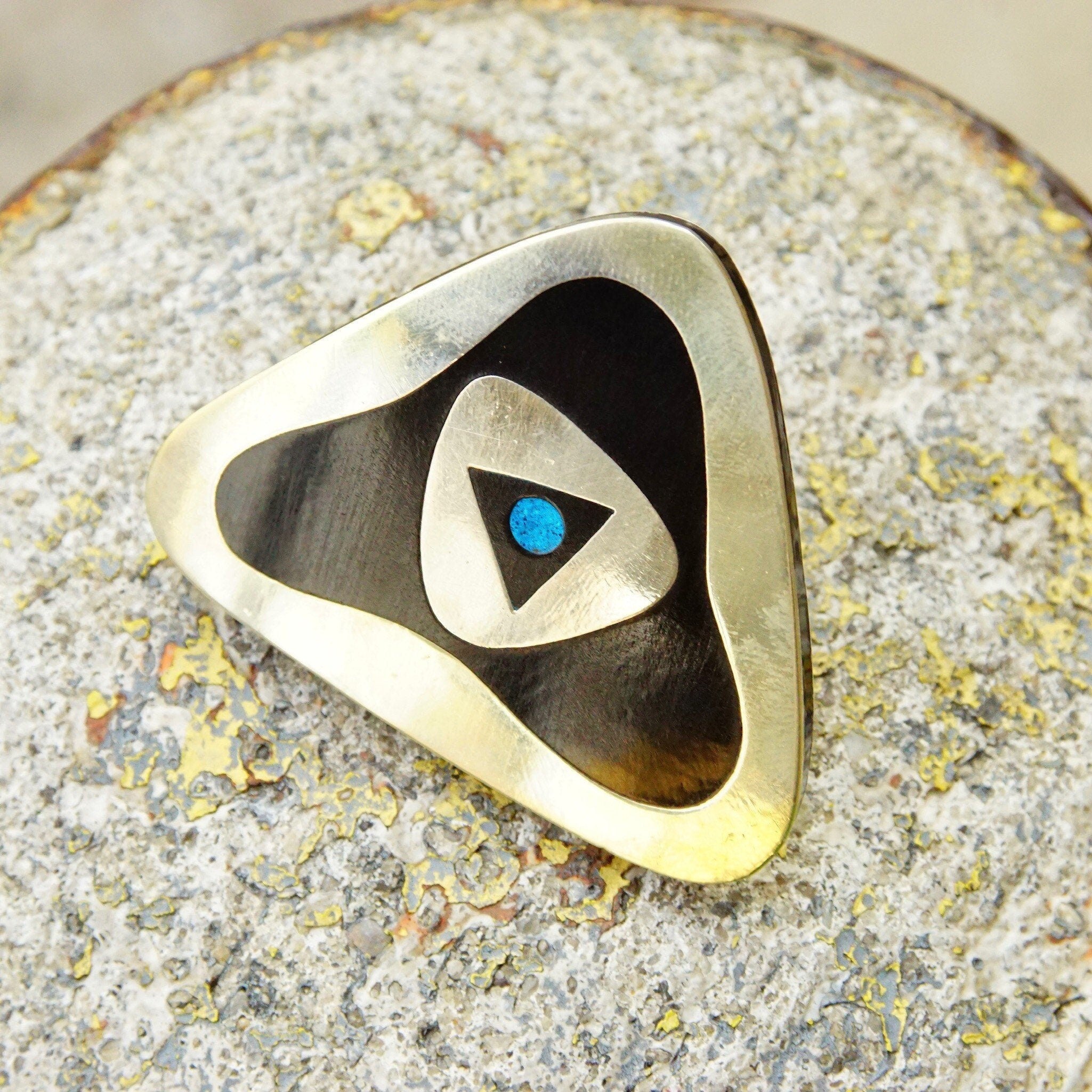 Vintage Sterling Silver Stone Inlay Brooch, Modernist, Gold Tone Silver, Black Onyx & Mosaic Turquoise, Hecho En Mexico, 2 1/8