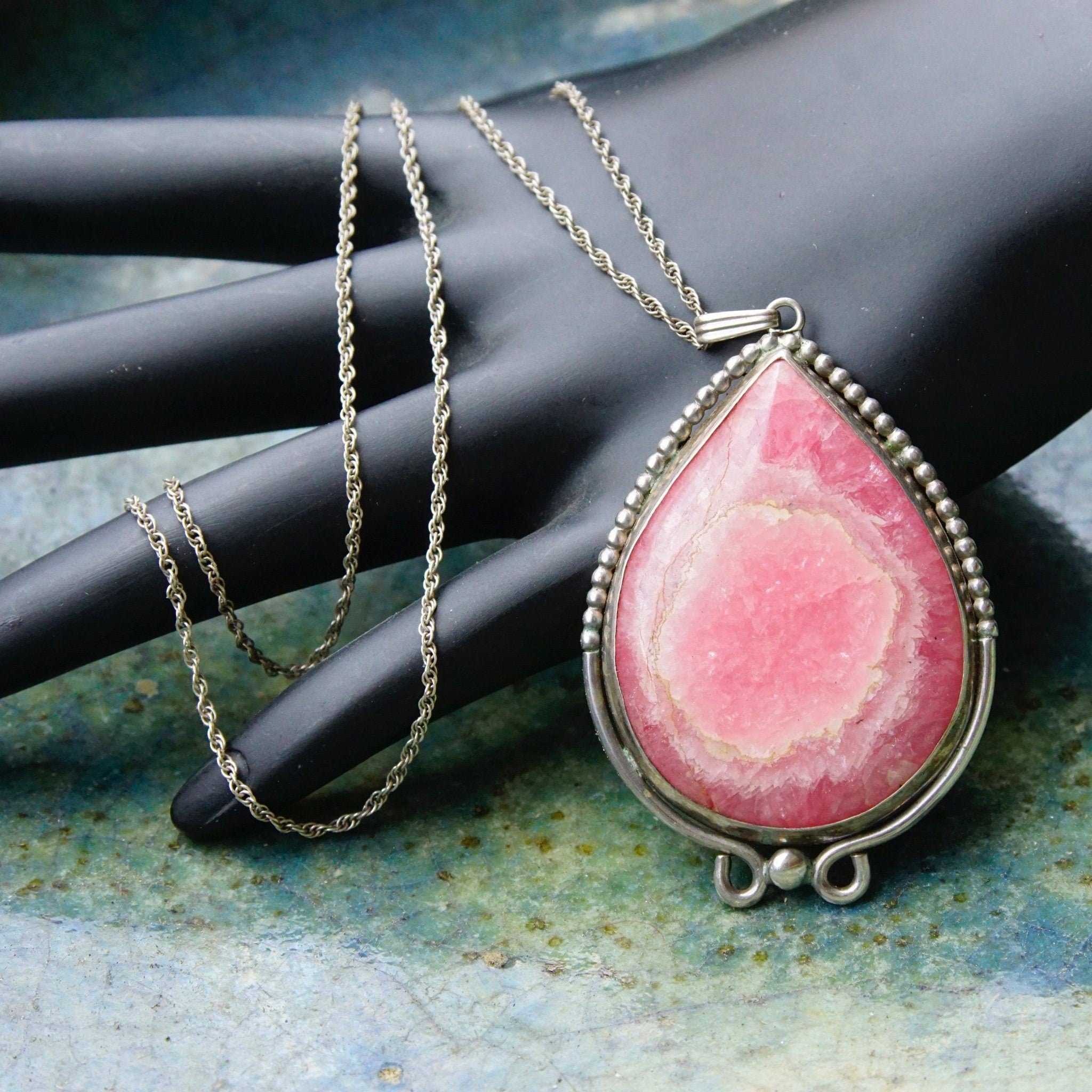Vintage Sterling Silver & Pink Rhodochrosite Teardrop Pendant Necklace Earring Set, Dangle Clip On Earrings, Danish Modernist, Peter Ernst