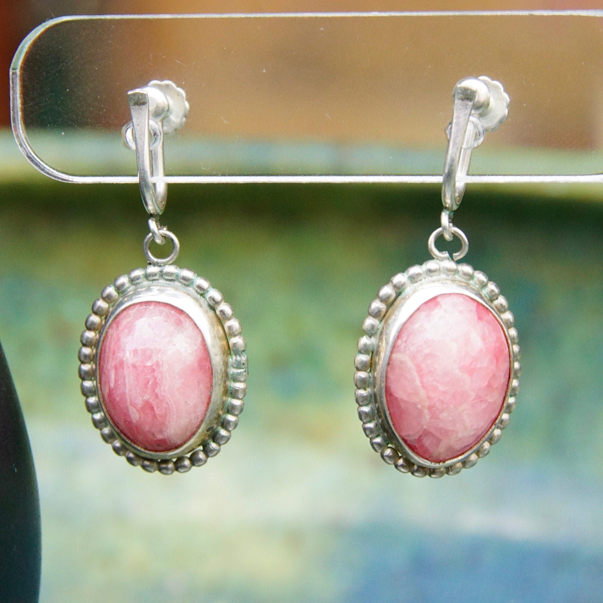 Vintage Sterling Silver & Pink Rhodochrosite Teardrop Pendant Necklace Earring Set, Dangle Clip On Earrings, Danish Modernist, Peter Ernst