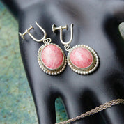 Vintage Sterling Silver & Pink Rhodochrosite Teardrop Pendant Necklace Earring Set, Dangle Clip On Earrings, Danish Modernist, Peter Ernst