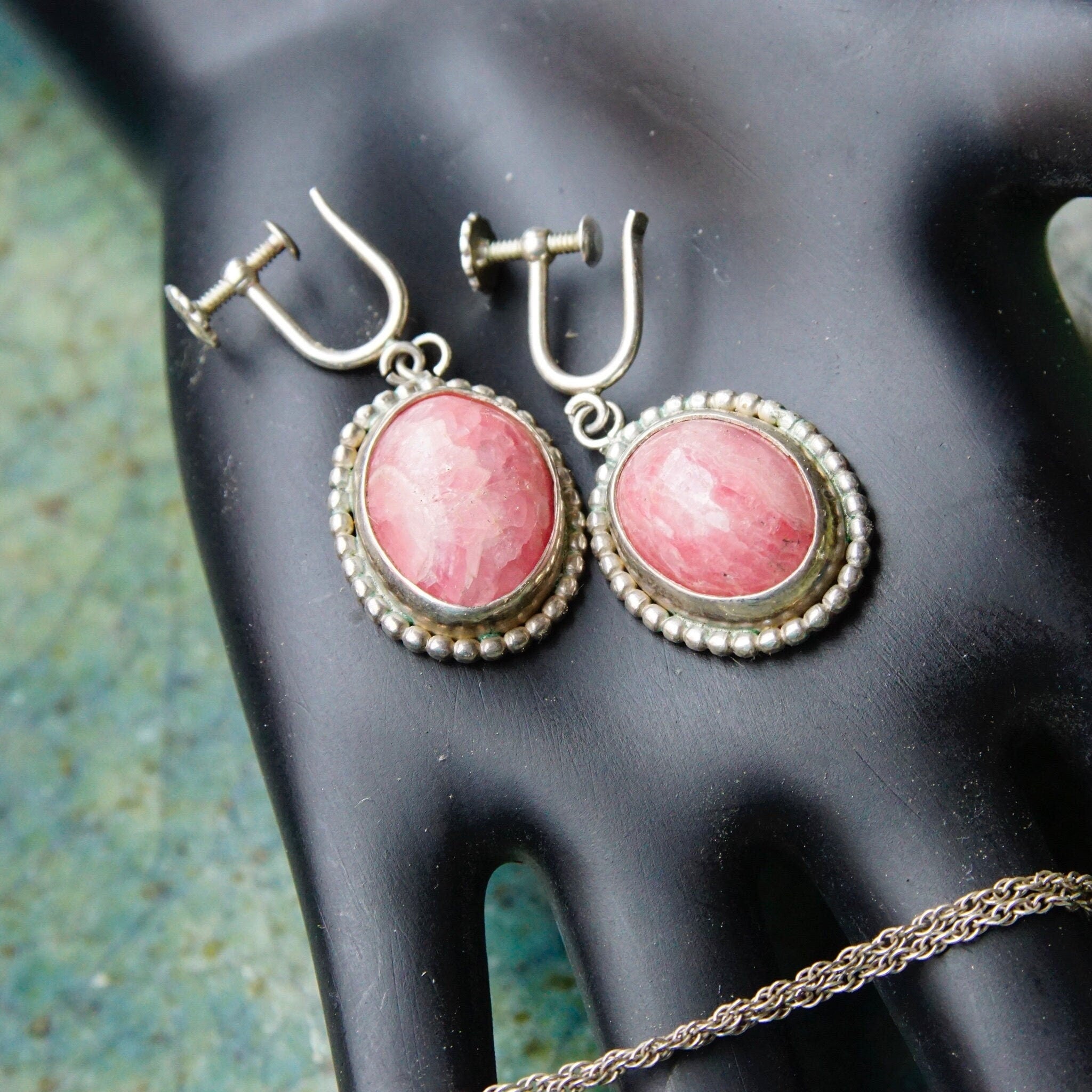 Vintage Sterling Silver & Pink Rhodochrosite Teardrop Pendant Necklace Earring Set, Dangle Clip On Earrings, Danish Modernist, Peter Ernst