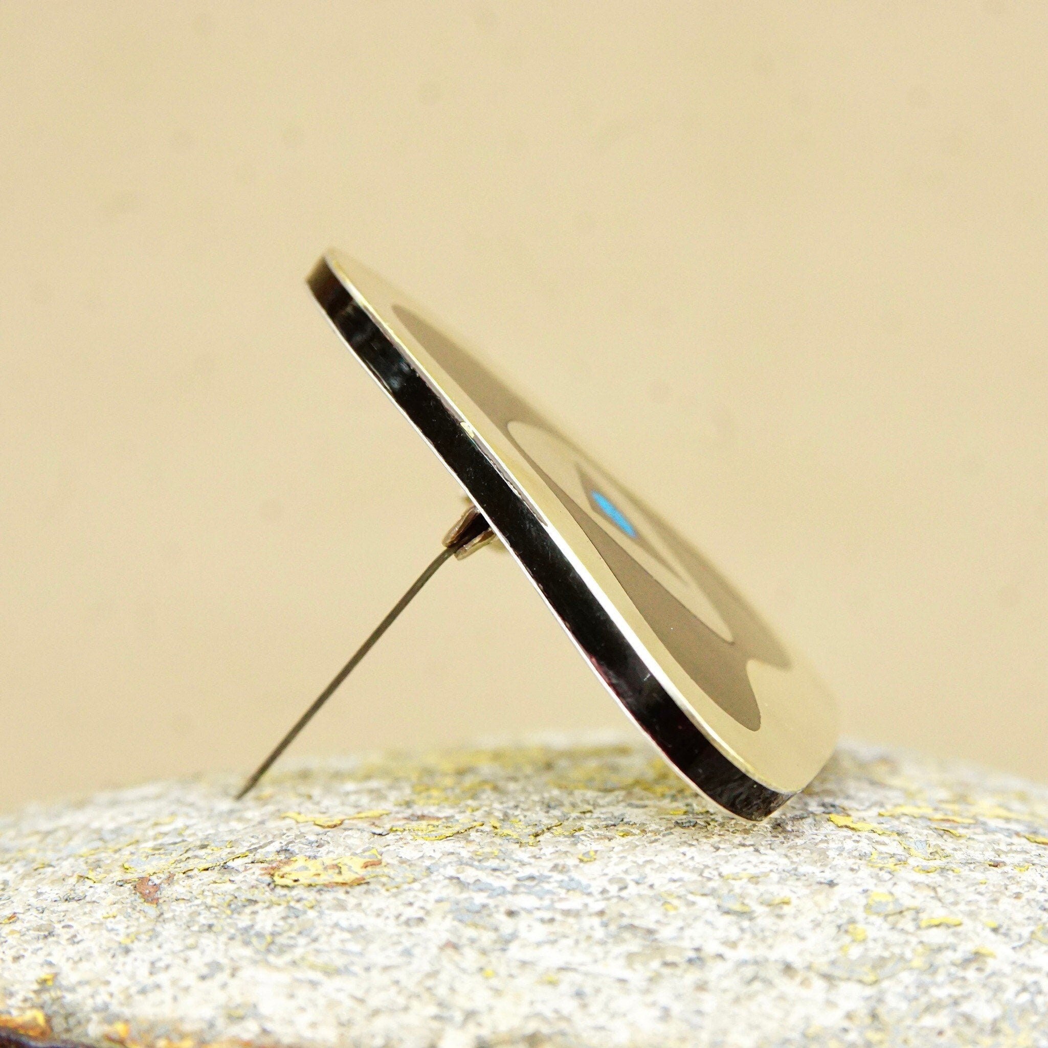 Vintage Sterling Silver Stone Inlay Brooch, Modernist, Gold Tone Silver, Black Onyx & Mosaic Turquoise, Hecho En Mexico, 2 1/8