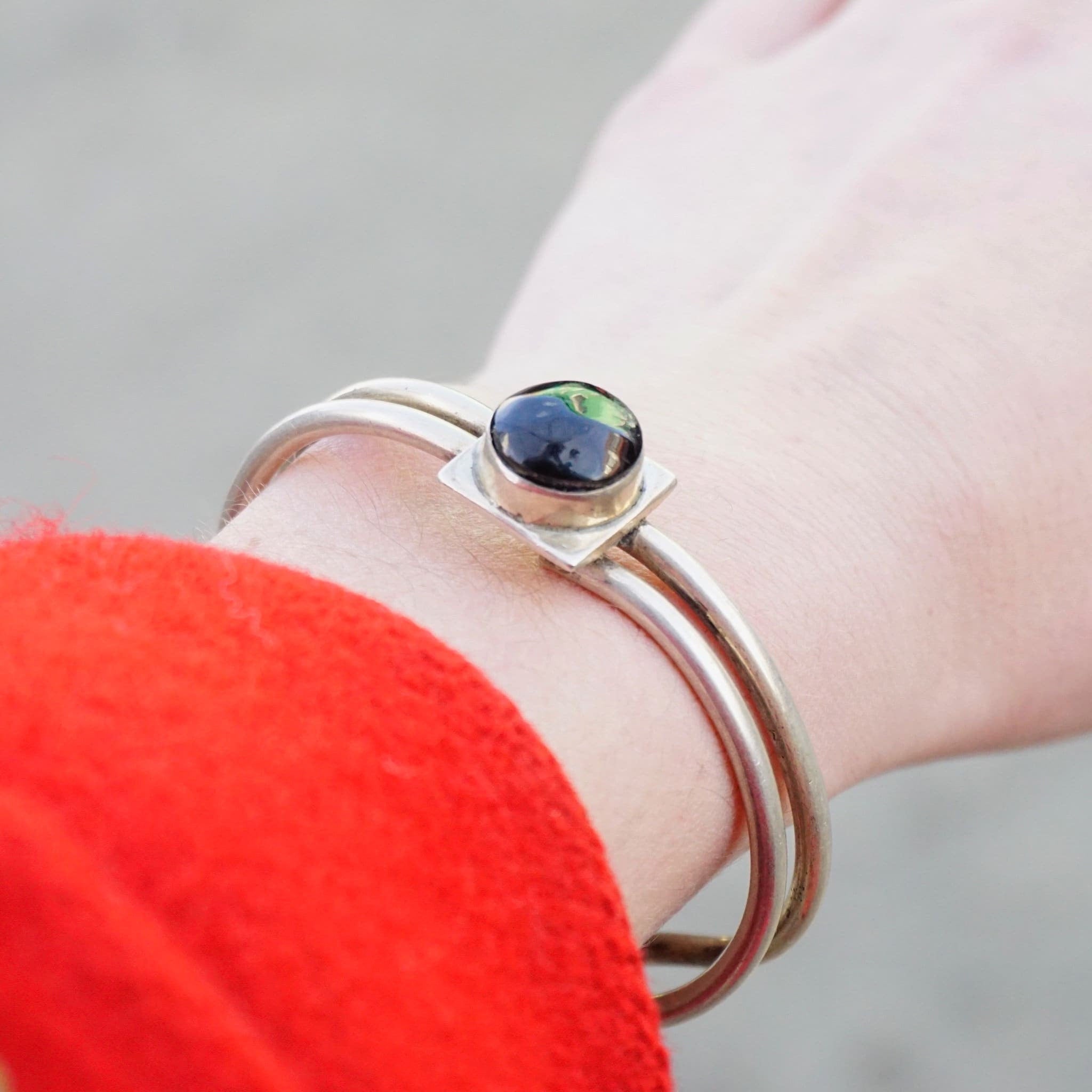 Obsidian Cuff Bracelet, Minimalist Wire Cuff With Black Stone, Silver Onyx Bracelet, Mexico 925 Jewelry