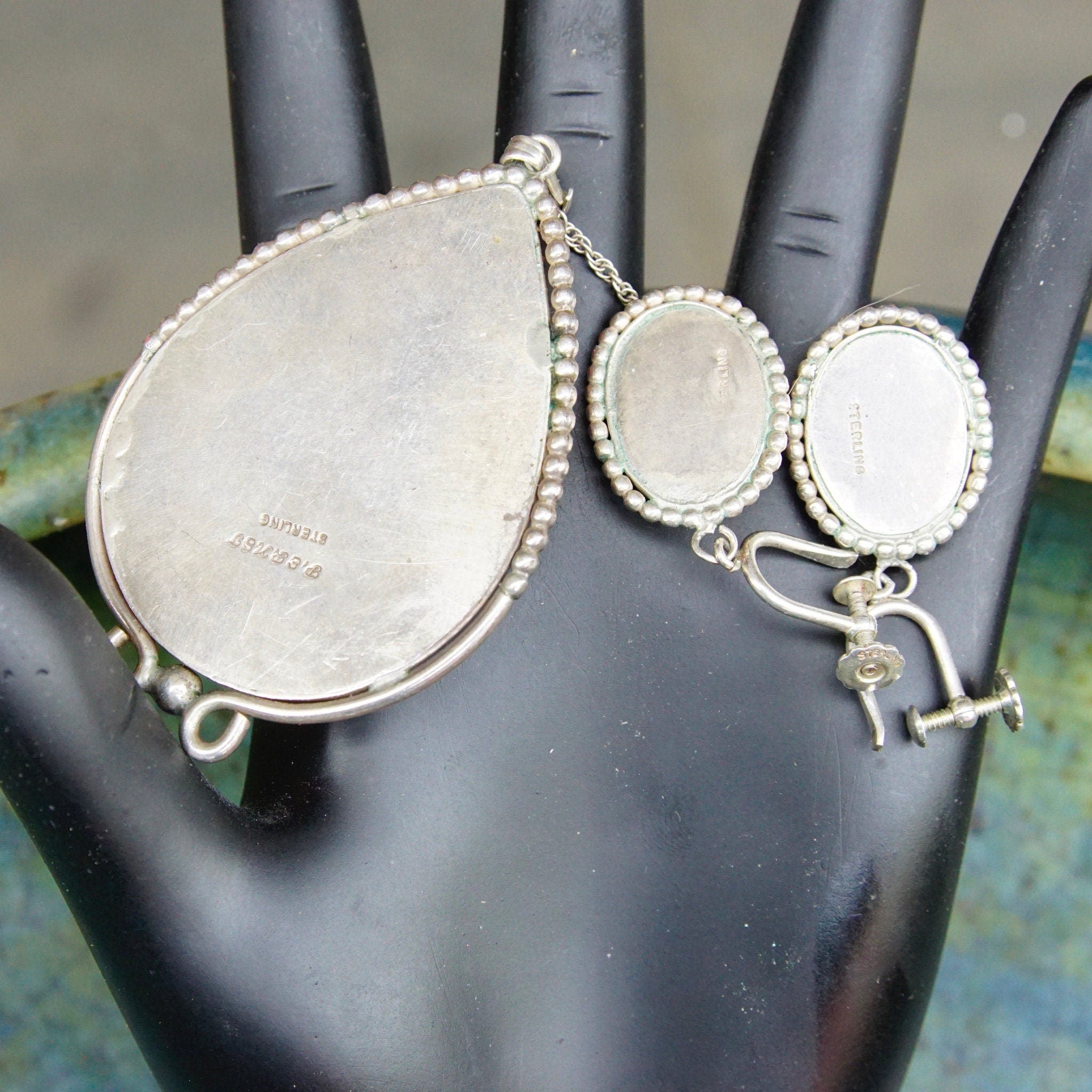 Vintage Sterling Silver & Pink Rhodochrosite Teardrop Pendant Necklace Earring Set, Dangle Clip On Earrings, Danish Modernist, Peter Ernst