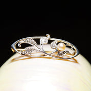 Vintage Two-Tone 14K Gold Diamond & Pearl Brooch, Diamond Encrusted White Gold Pin With Accent Pearl, .18 TCW, Yellow Gold Backing, 1 1/2" L