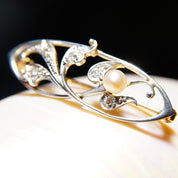 Vintage Two-Tone 14K Gold Diamond & Pearl Brooch, Diamond Encrusted White Gold Pin With Accent Pearl, .18 TCW, Yellow Gold Backing, 1 1/2" L