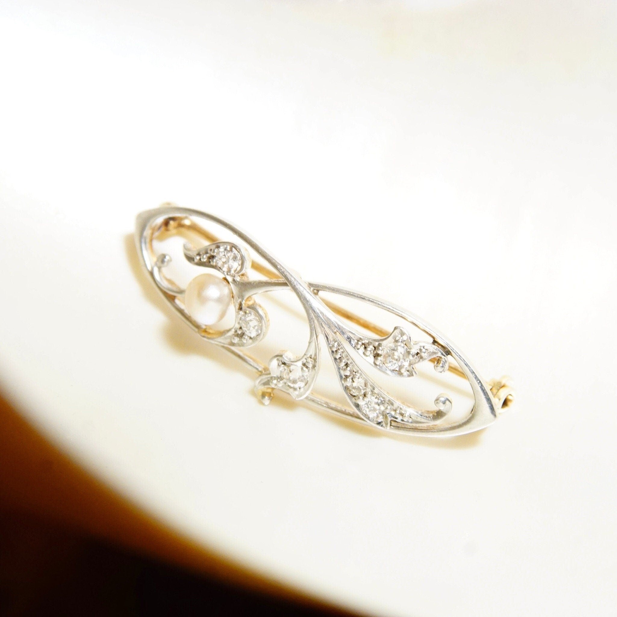 Vintage Two-Tone 14K Gold Diamond & Pearl Brooch, Diamond Encrusted White Gold Pin With Accent Pearl, .18 TCW, Yellow Gold Backing, 1 1/2" L