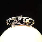 Vintage Two-Tone 14K Gold Diamond & Pearl Brooch, Diamond Encrusted White Gold Pin With Accent Pearl, .18 TCW, Yellow Gold Backing, 1 1/2" L