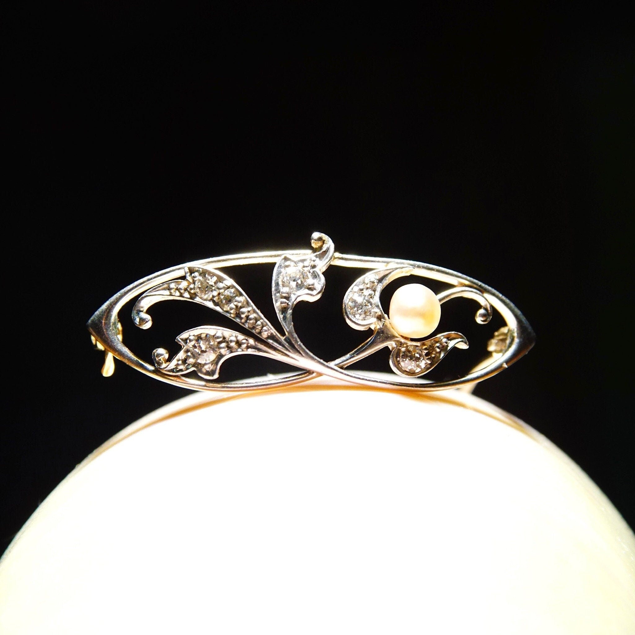 Vintage Two-Tone 14K Gold Diamond & Pearl Brooch, Diamond Encrusted White Gold Pin With Accent Pearl, .18 TCW, Yellow Gold Backing, 1 1/2" L