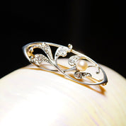 Vintage Two-Tone 14K Gold Diamond & Pearl Brooch, Diamond Encrusted White Gold Pin With Accent Pearl, .18 TCW, Yellow Gold Backing, 1 1/2" L