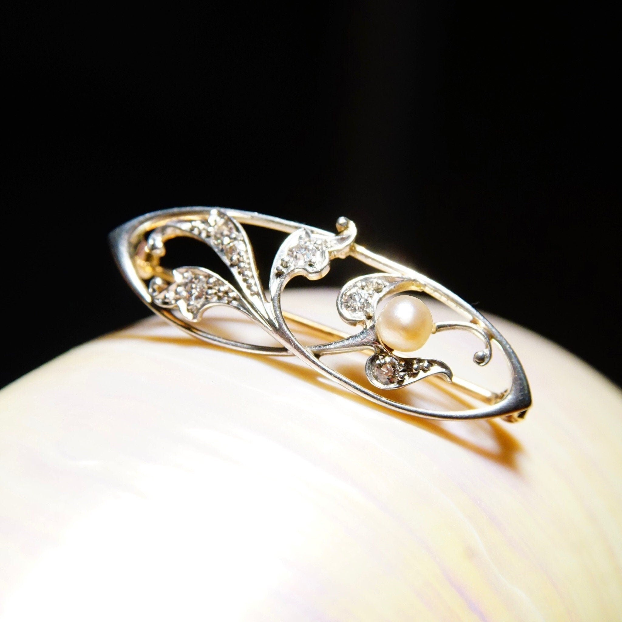 Vintage Two-Tone 14K Gold Diamond & Pearl Brooch, Diamond Encrusted White Gold Pin With Accent Pearl, .18 TCW, Yellow Gold Backing, 1 1/2" L