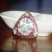 Vintage Hand Painted Bird Pendant, Reversible Two-Sided Red & Green Pedant, Triangular Pendant W/ Silver Frame, Scenic Painting, 1 1/2 L