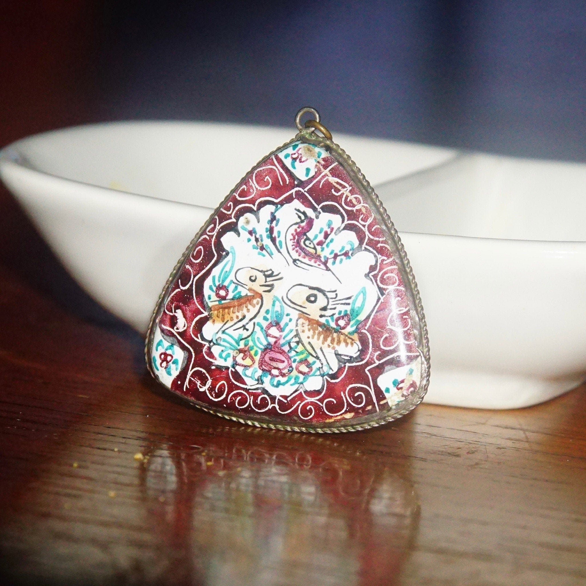 Vintage Hand Painted Bird Pendant, Reversible Two-Sided Red & Green Pedant, Triangular Pendant W/ Silver Frame, Scenic Painting, 1 1/2 L