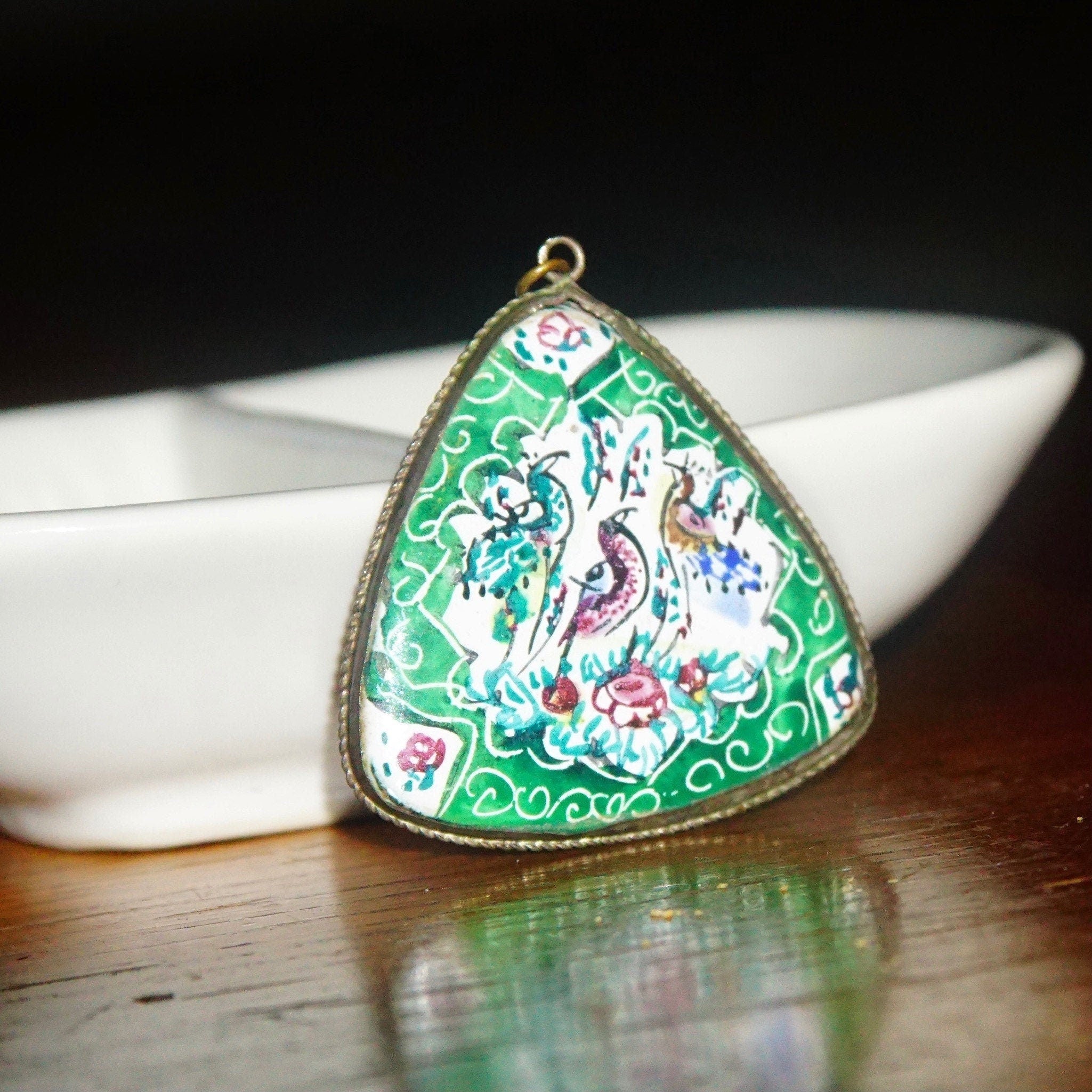Vintage Hand Painted Bird Pendant, Reversible Two-Sided Red & Green Pedant, Triangular Pendant W/ Silver Frame, Scenic Painting, 1 1/2 L