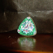 Vintage Hand Painted Bird Pendant, Reversible Two-Sided Red & Green Pedant, Triangular Pendant W/ Silver Frame, Scenic Painting, 1 1/2 L