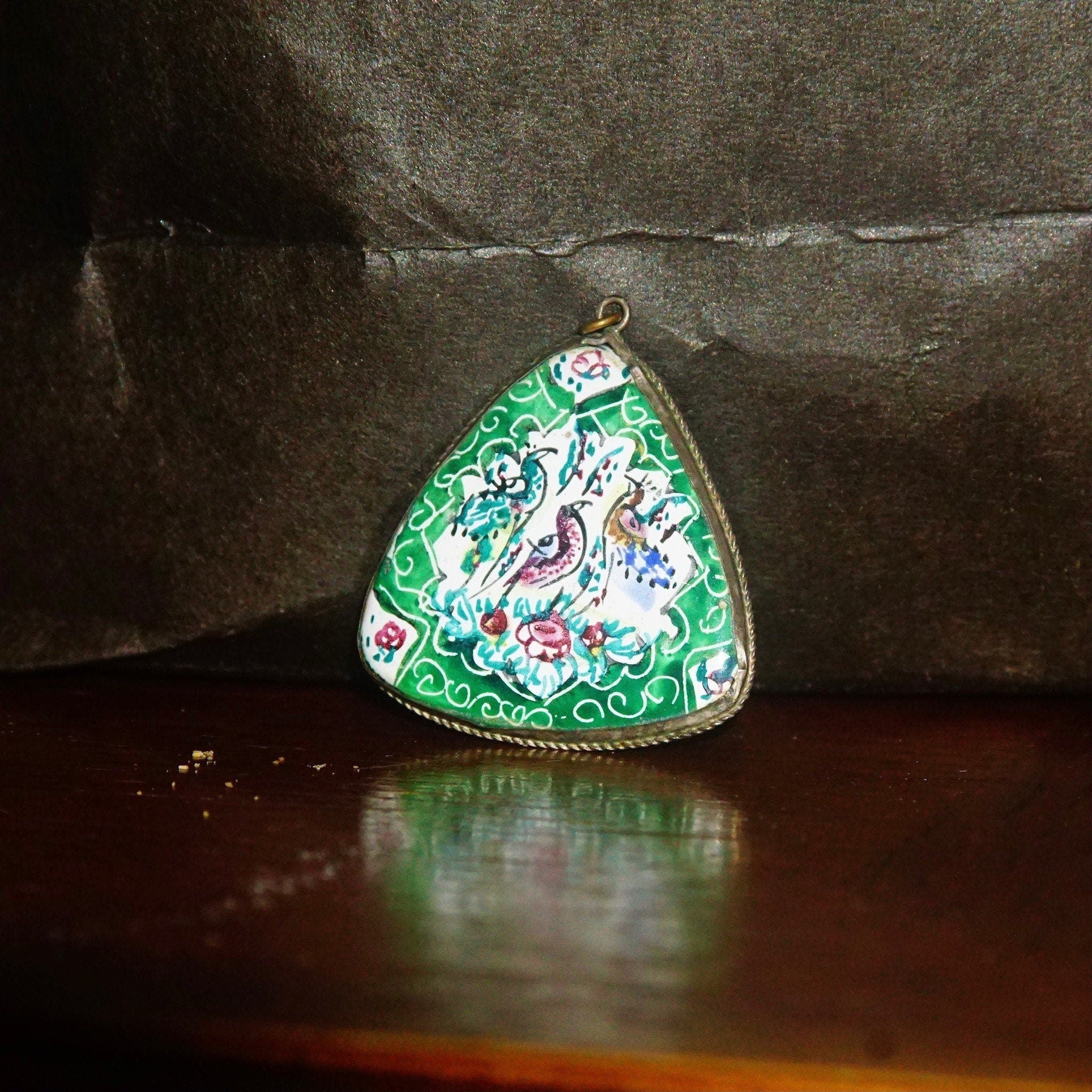 Vintage Hand Painted Bird Pendant, Reversible Two-Sided Red & Green Pedant, Triangular Pendant W/ Silver Frame, Scenic Painting, 1 1/2 L