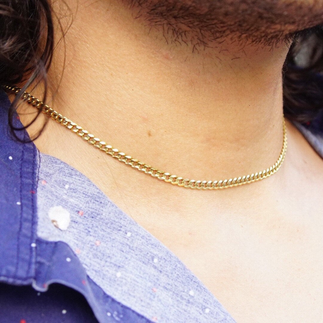 Vintage Italian 14K Gold Curb Chain Necklace, 4mm Yellow Gold Chain, Flat Cuban Link Chain Necklace, Unisex Gold Chain, 18" Long