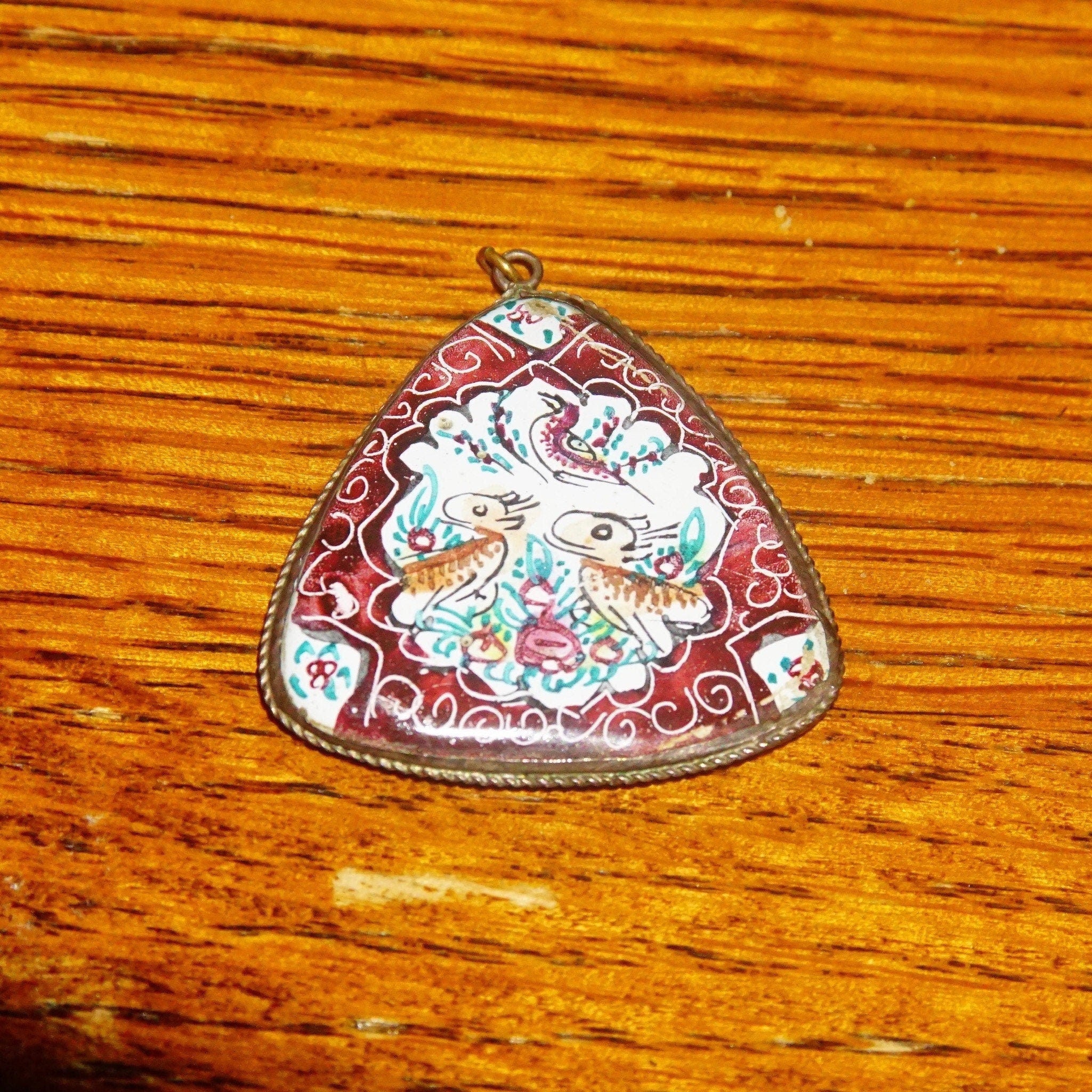 Vintage Hand Painted Bird Pendant, Reversible Two-Sided Red & Green Pedant, Triangular Pendant W/ Silver Frame, Scenic Painting, 1 1/2 L