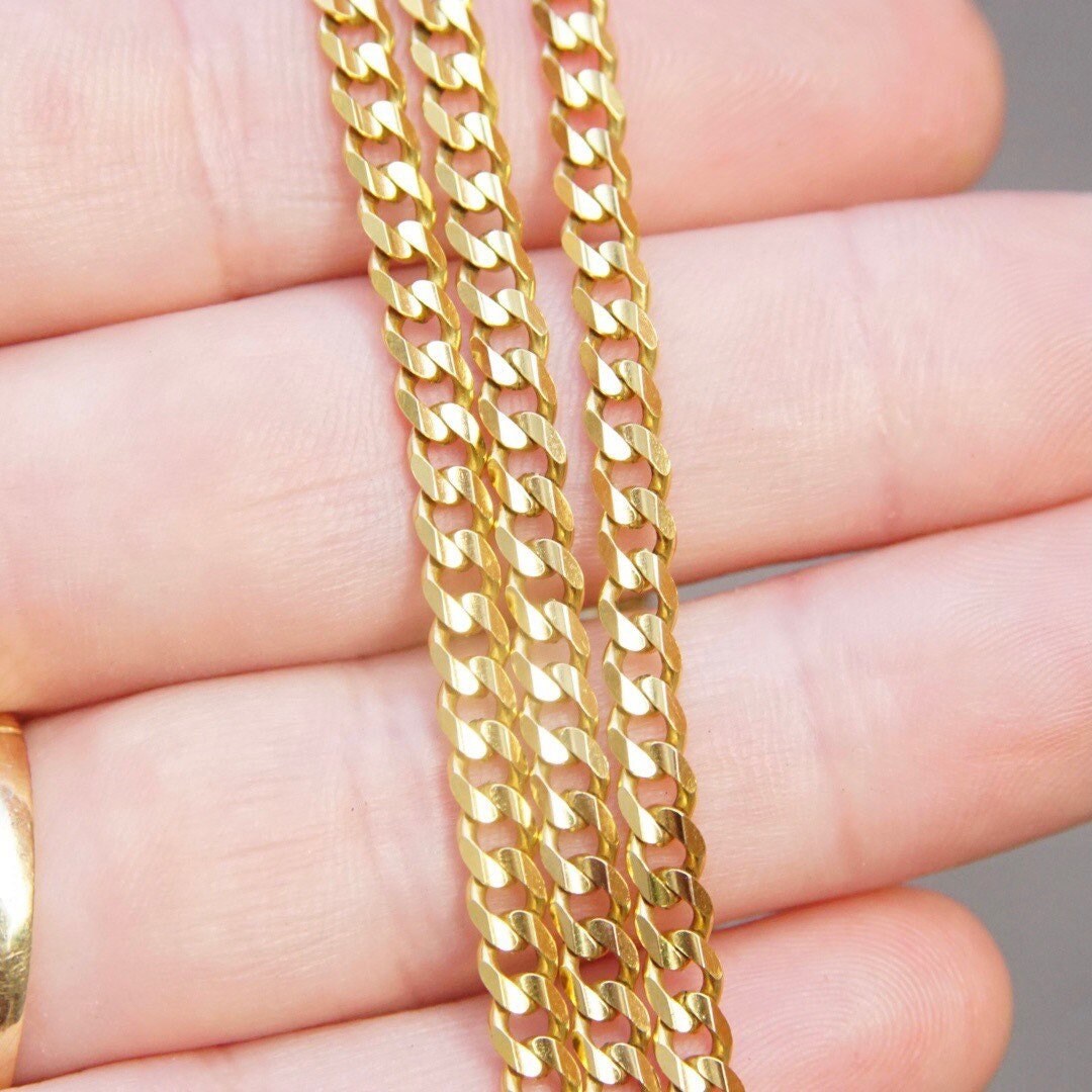 Vintage Italian 14K Gold Curb Chain Necklace, 4mm Yellow Gold Chain, Flat Cuban Link Chain Necklace, Unisex Gold Chain, 18" Long