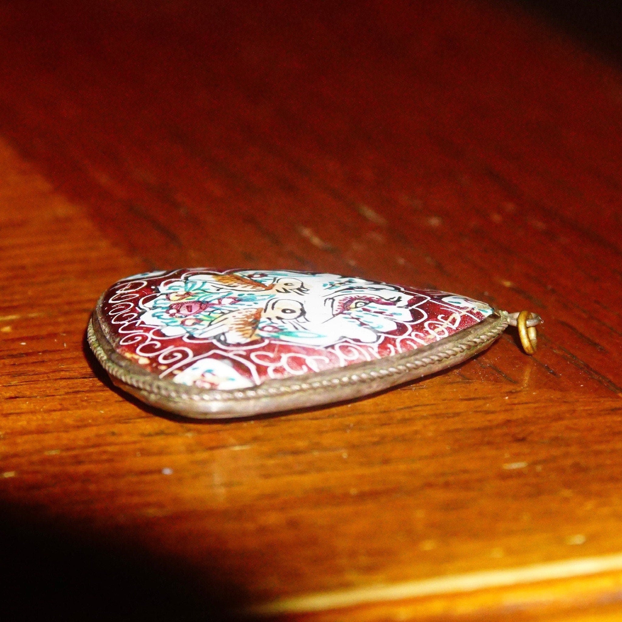 Vintage Hand Painted Bird Pendant, Reversible Two-Sided Red & Green Pedant, Triangular Pendant W/ Silver Frame, Scenic Painting, 1 1/2 L