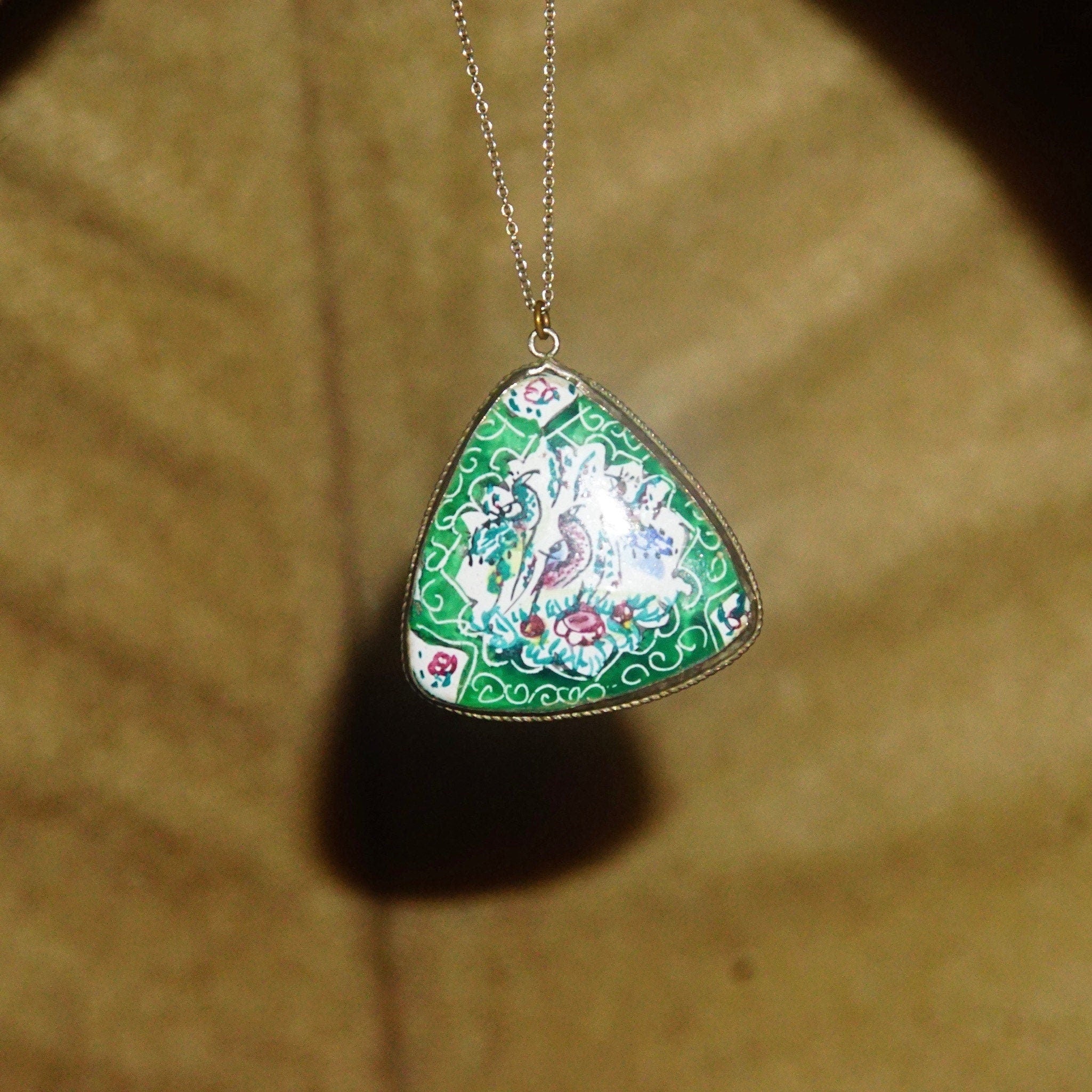 Vintage Hand Painted Bird Pendant, Reversible Two-Sided Red & Green Pedant, Triangular Pendant W/ Silver Frame, Scenic Painting, 1 1/2 L
