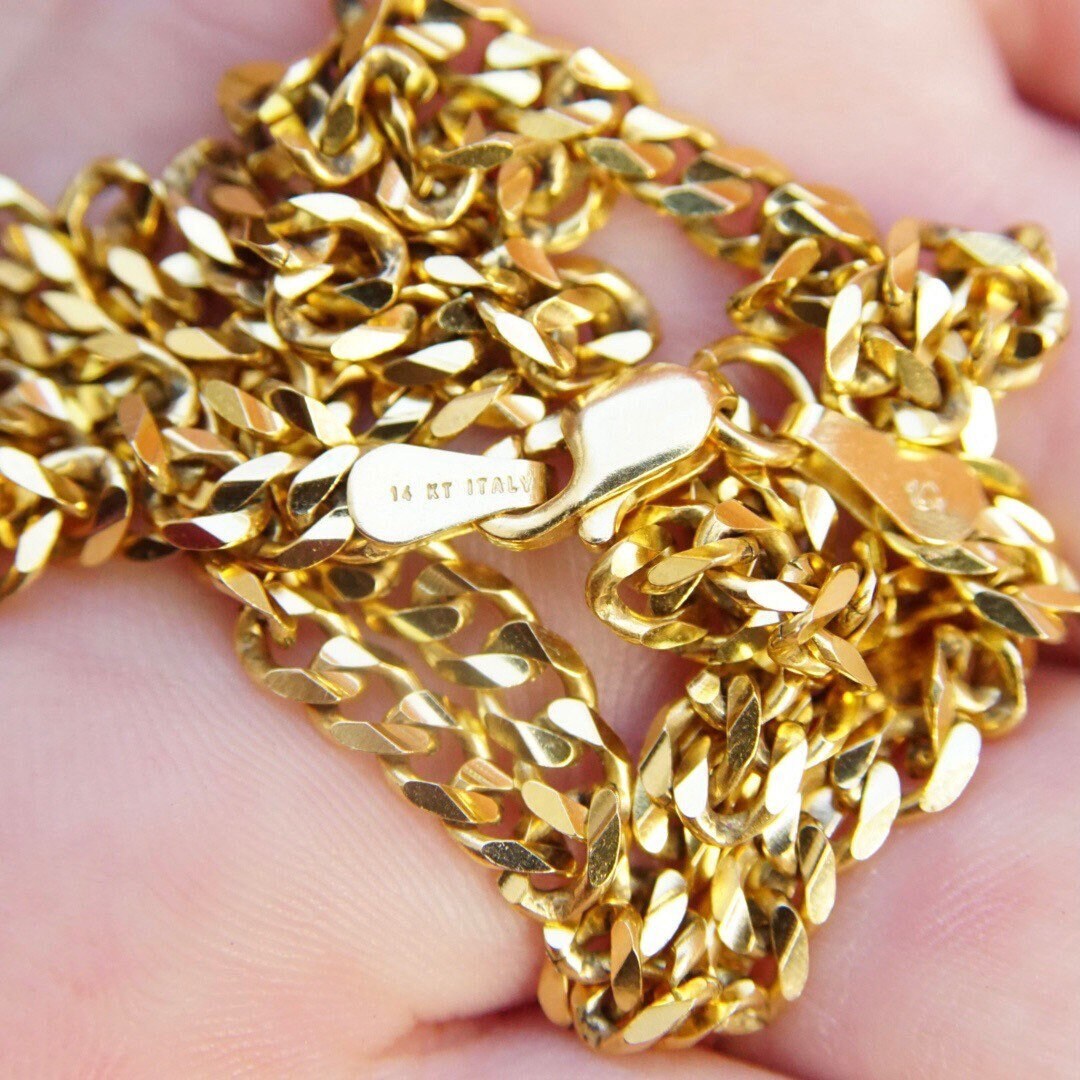 Vintage Italian 14K Gold Curb Chain Necklace, 4mm Yellow Gold Chain, Flat Cuban Link Chain Necklace, Unisex Gold Chain, 18" Long
