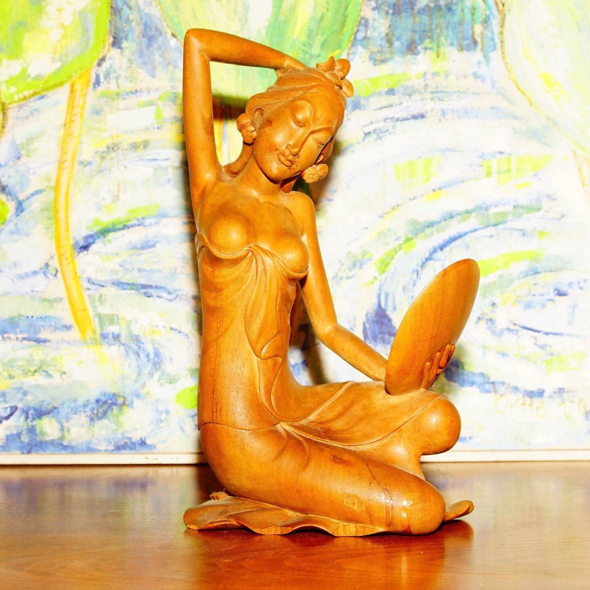 Vintage Tantra Gallery Hand Carved Wood Carved Balinese Goddess Statue, Erotic Wood Table Top Figural Sculpture, Handmade In Bali, 10 Tall