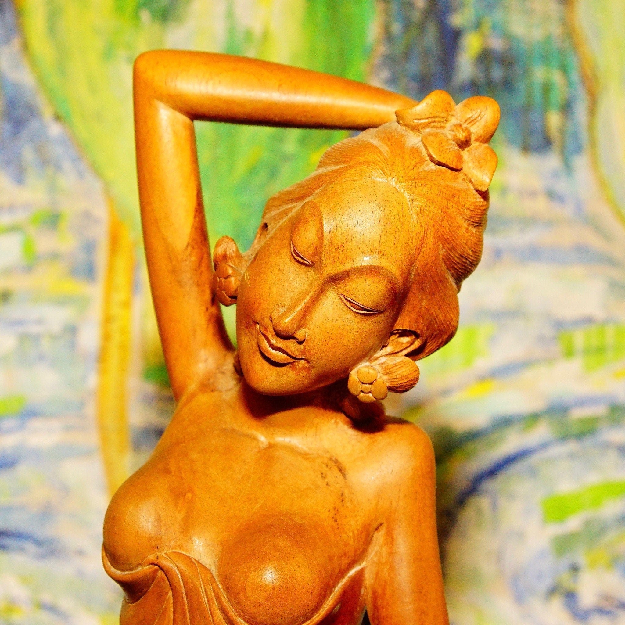 Vintage Tantra Gallery Hand Carved Wood Carved Balinese Goddess Statue, Erotic Wood Table Top Figural Sculpture, Handmade In Bali, 10 Tall