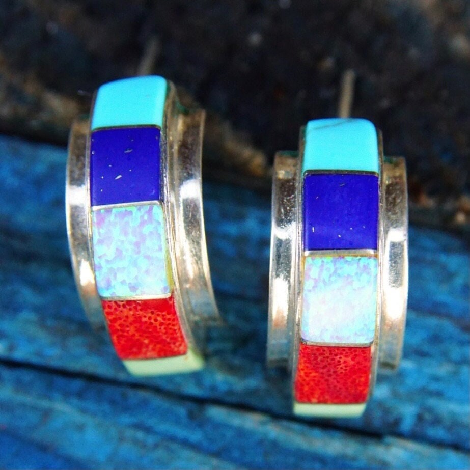 Vintage Sterling Silver Multi-Stone Inlay Stud Earrings, Colorful Curved/Arc Half Moon Earrings, Opal, Turquoise, Lapis Lazuli, 7/8" L
