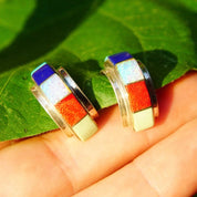 Vintage Sterling Silver Multi-Stone Inlay Stud Earrings, Colorful Curved/Arc Half Moon Earrings, Opal, Turquoise, Lapis Lazuli, 7/8" L