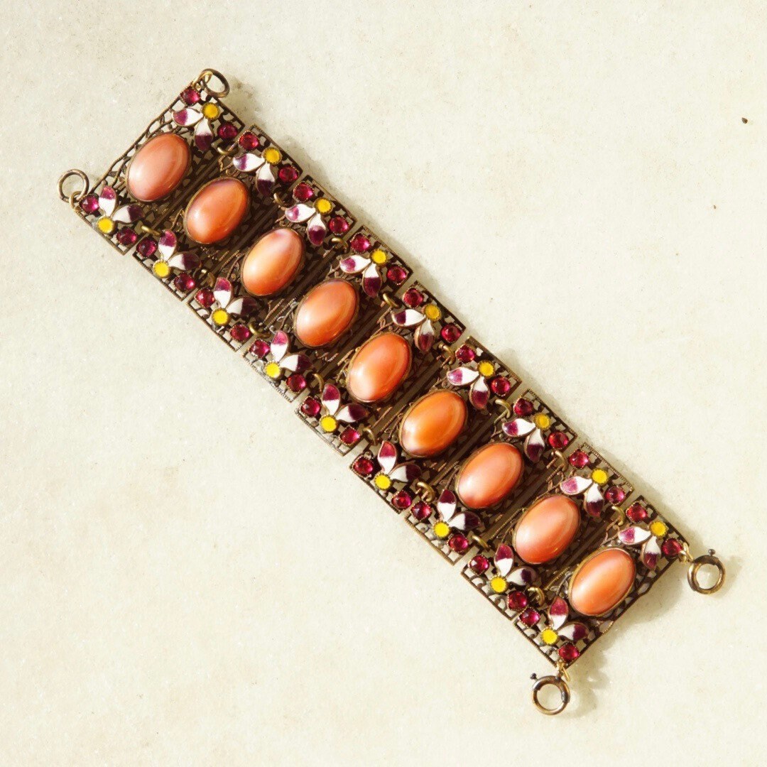 Victorian Czech Enamel Filigree Pink Satin Glass Panel Bracelet, 1/20 12KT GF, Dazzling Gold Filled Wide Panel Cuff, 6 1/2" L x 1 1/2" W