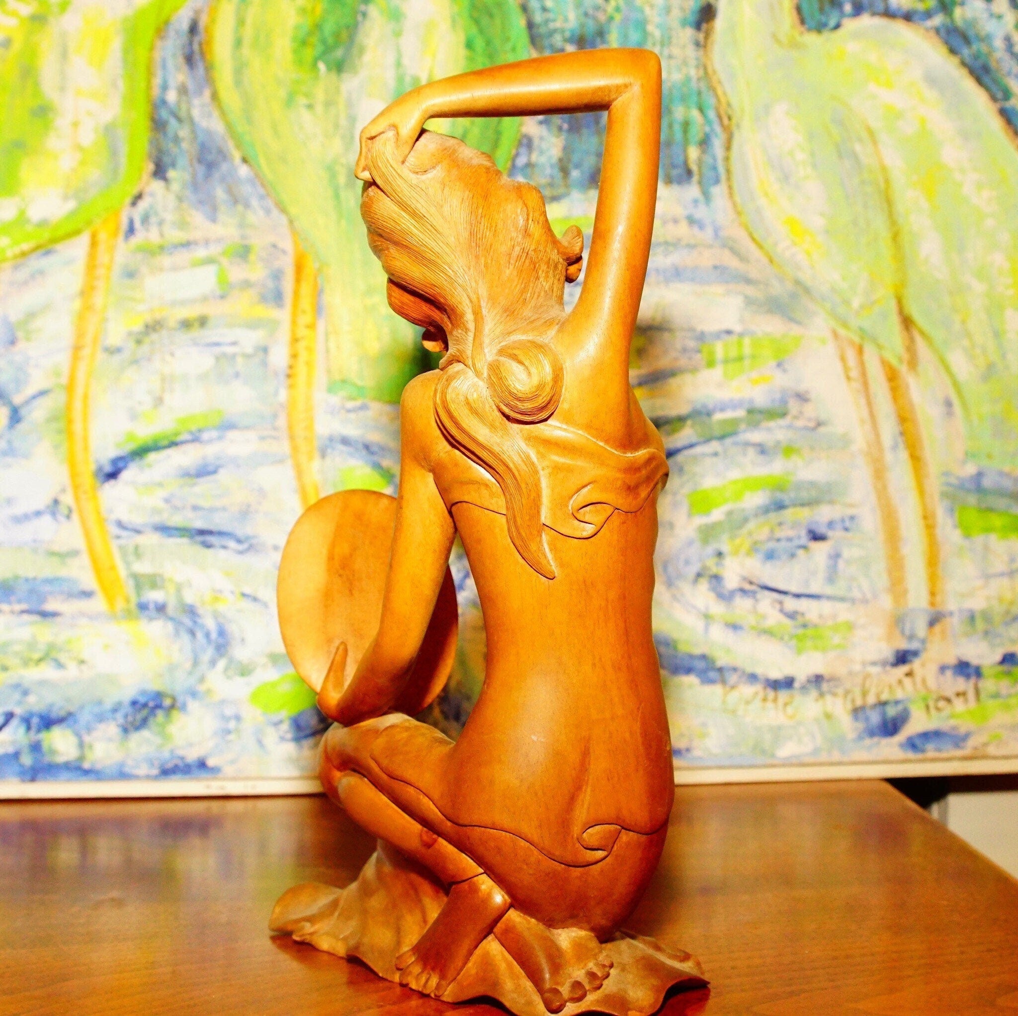 Vintage Tantra Gallery Hand Carved Wood Carved Balinese Goddess Statue, Erotic Wood Table Top Figural Sculpture, Handmade In Bali, 10 Tall