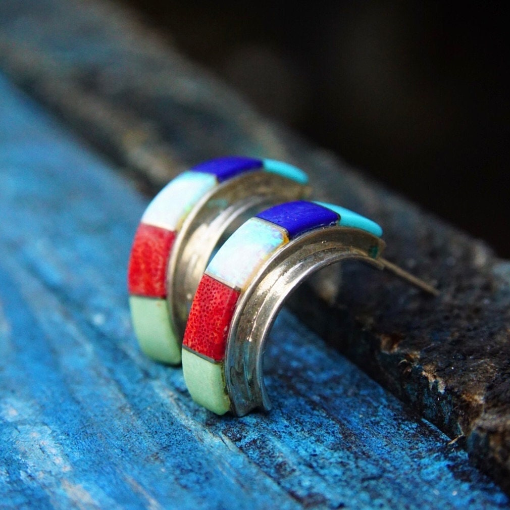 Vintage Sterling Silver Multi-Stone Inlay Stud Earrings, Colorful Curved/Arc Half Moon Earrings, Opal, Turquoise, Lapis Lazuli, 7/8" L