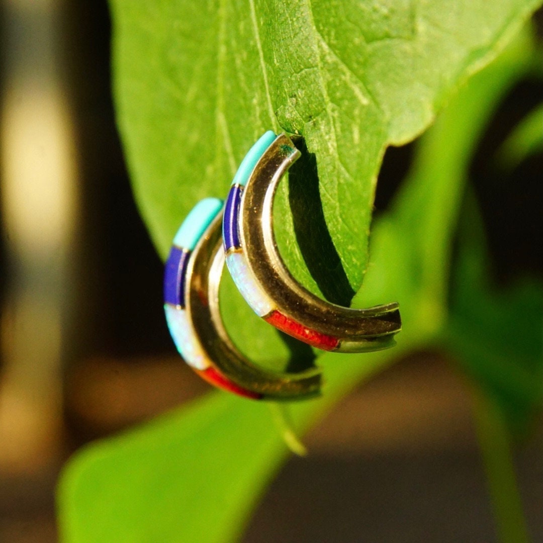 Vintage Sterling Silver Multi-Stone Inlay Stud Earrings, Colorful Curved/Arc Half Moon Earrings, Opal, Turquoise, Lapis Lazuli, 7/8" L