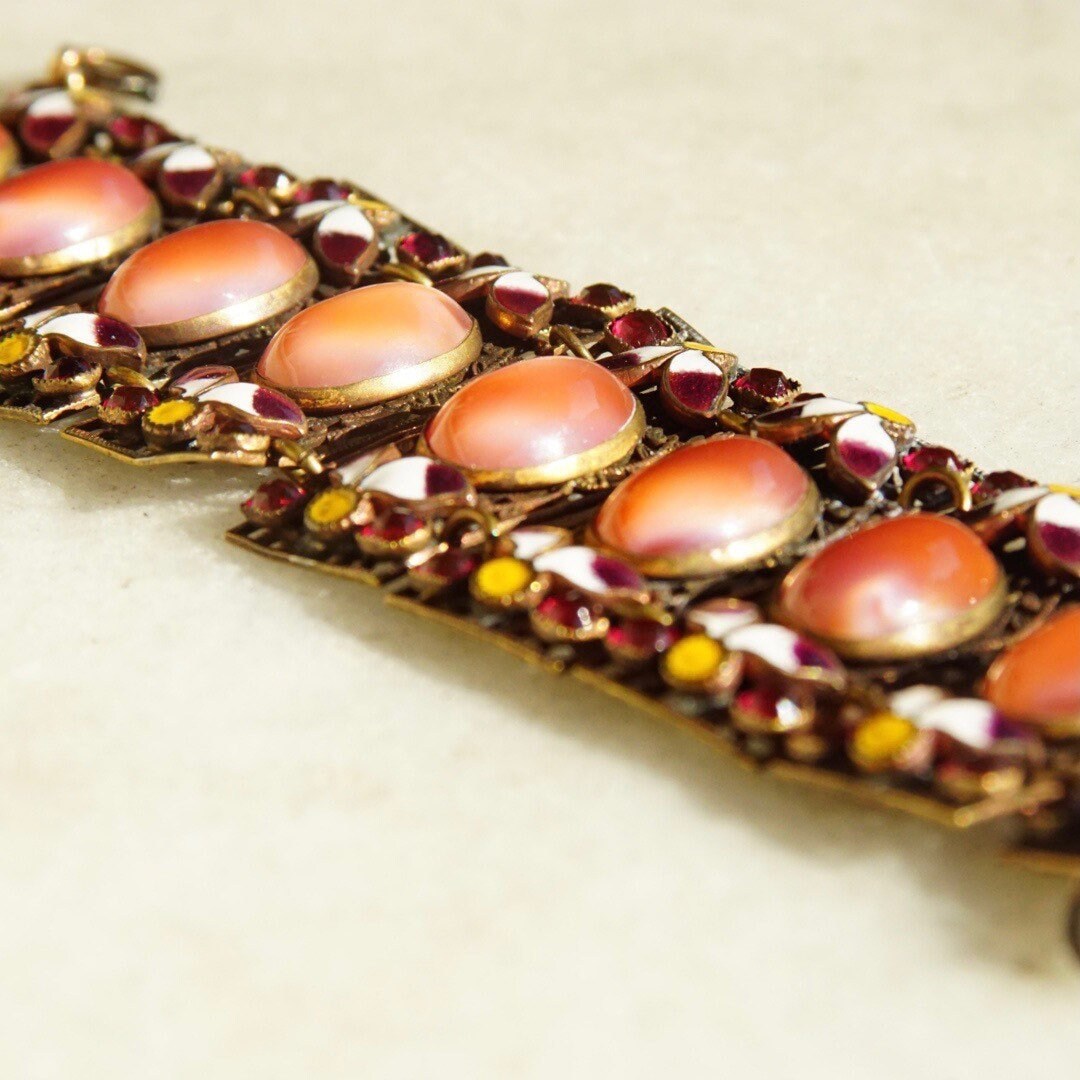 Victorian Czech Enamel Filigree Pink Satin Glass Panel Bracelet, 1/20 12KT GF, Dazzling Gold Filled Wide Panel Cuff, 6 1/2" L x 1 1/2" W
