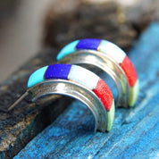 Vintage Sterling Silver Multi-Stone Inlay Stud Earrings, Colorful Curved/Arc Half Moon Earrings, Opal, Turquoise, Lapis Lazuli, 7/8" L