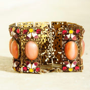 Victorian Czech Enamel Filigree Pink Satin Glass Panel Bracelet, 1/20 12KT GF, Dazzling Gold Filled Wide Panel Cuff, 6 1/2" L x 1 1/2" W