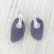 Vintage Sterling Silver Hoop Earrings With Rock Charm, Small Silver Stud Hoops With Threaded Black Stone, Artisan Statement Earrings, 925