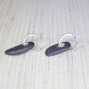 Vintage Sterling Silver Hoop Earrings With Rock Charm, Small Silver Stud Hoops With Threaded Black Stone, Artisan Statement Earrings, 925