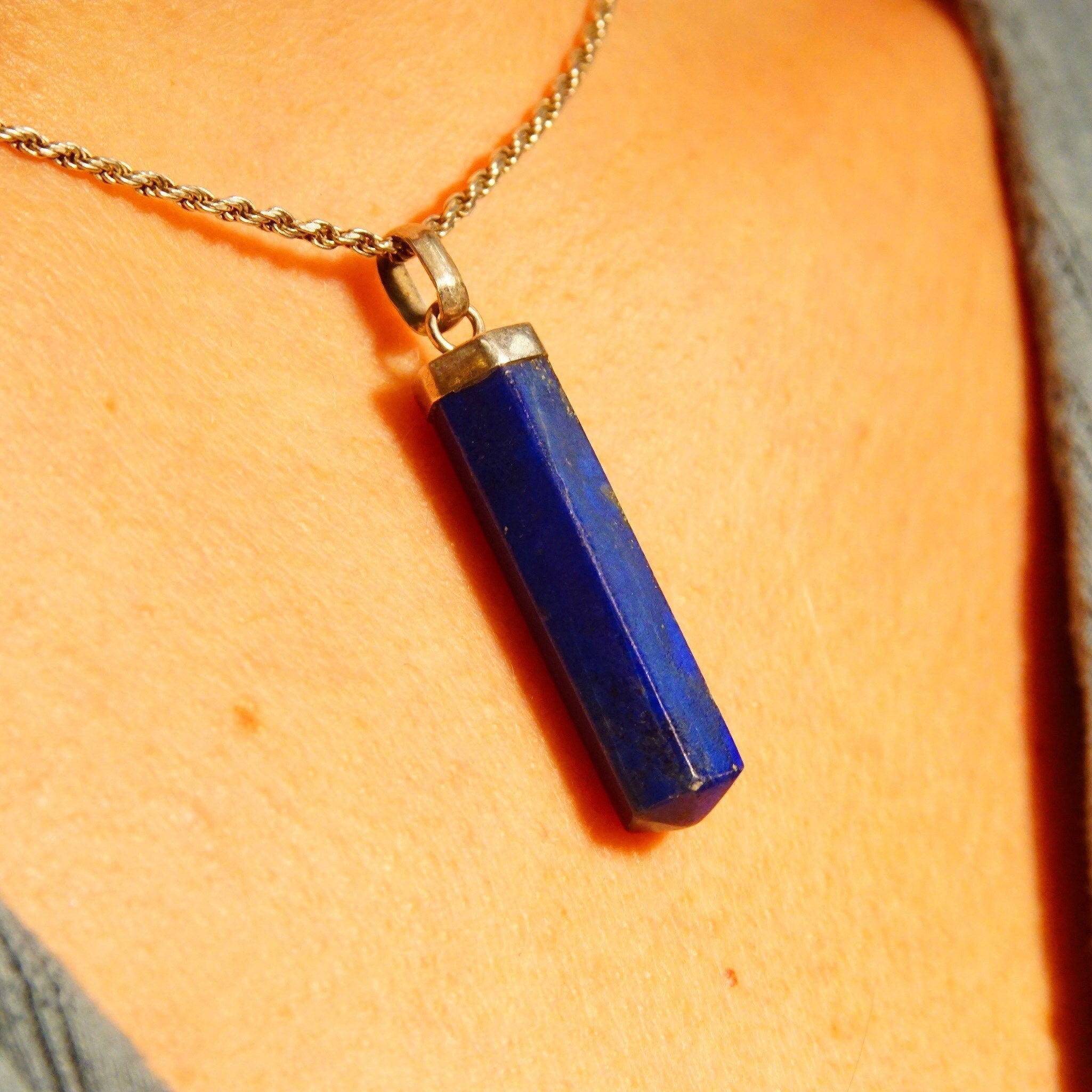 Vintage Sterling Silver Lapis Lazuli Spike Pendant, Lapis Pencil Pendant, Hexagonal Gemstone Prism, Bohemian, Crystal Lover, 1 7/8" L