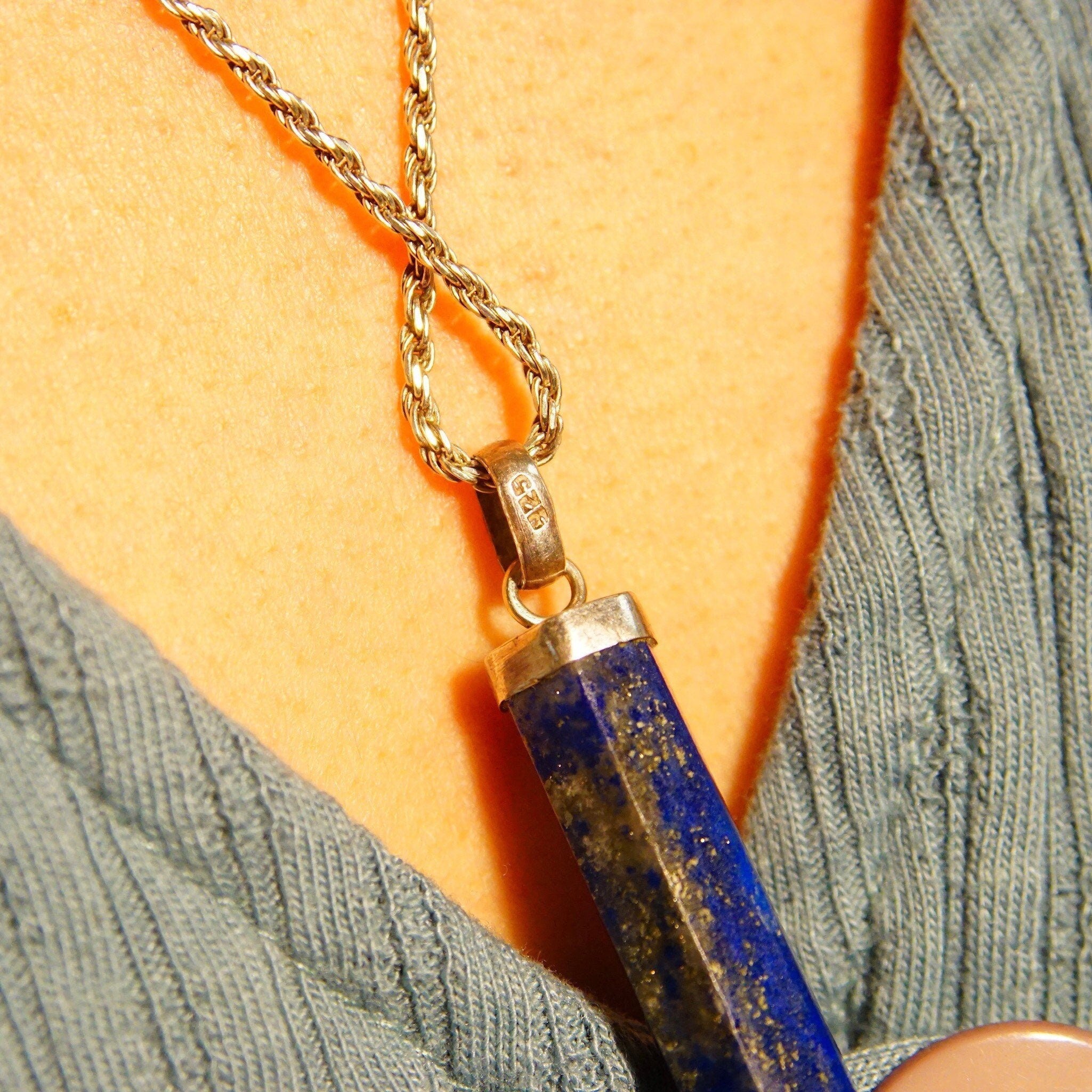 Vintage Sterling Silver Lapis Lazuli Spike Pendant, Lapis Pencil Pendant, Hexagonal Gemstone Prism, Bohemian, Crystal Lover, 1 7/8" L
