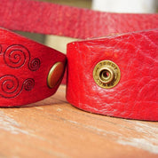 Vintage Tandy Red Leather & Turquoise Wrap Around Bracelet, Boho Style, Engraved Leather Cuff, Raw Turquoise Stone, Button Clasp, 8"