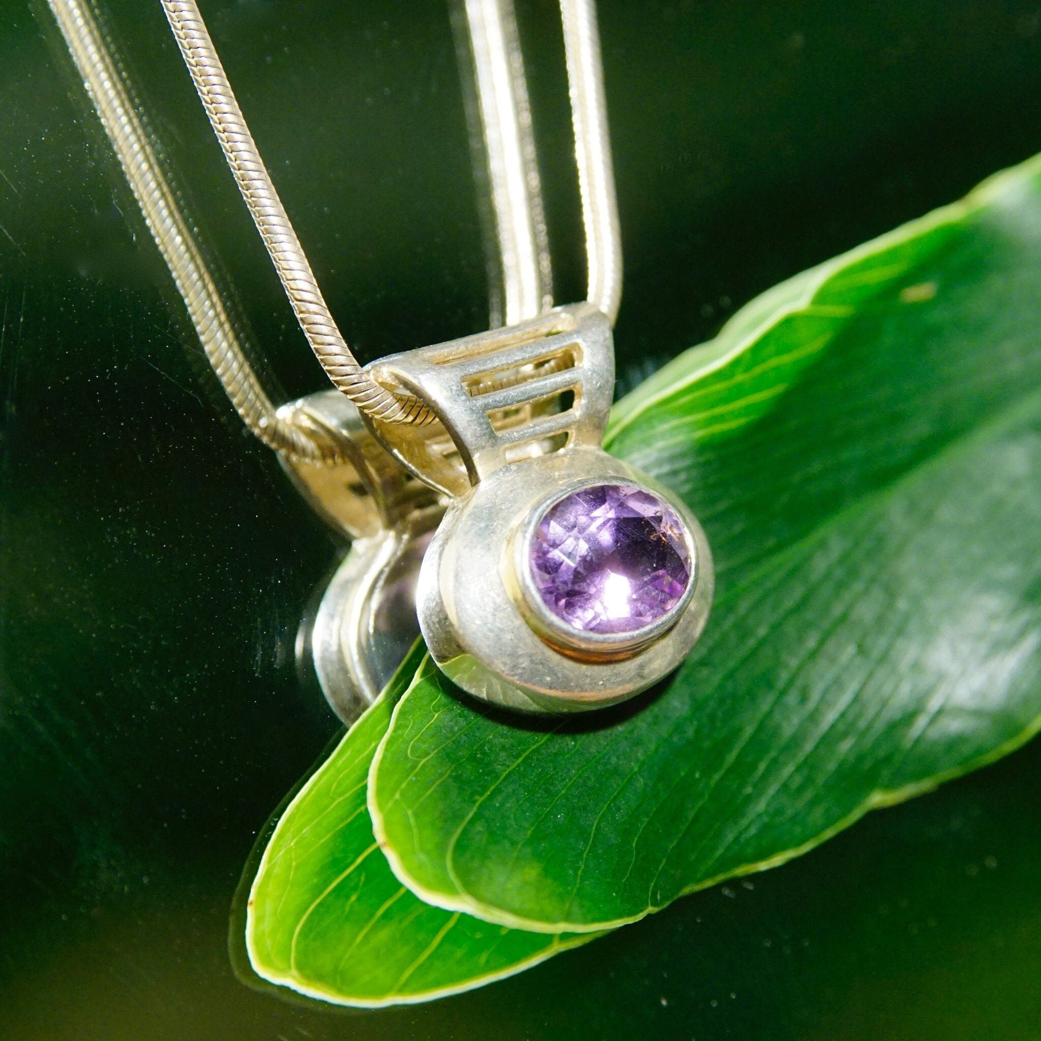Vintage Sterling Silver Amethyst Pendant Necklace, Fine Snake Chain With Oval Cut Purple Stone Pendant, Synthetic Amethyst, Bocco Jewelry